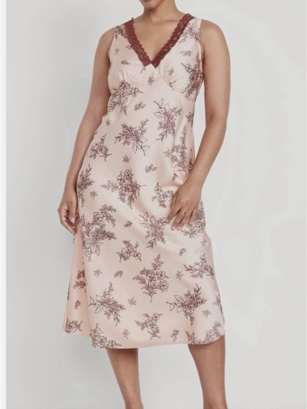 Lace Trim Floral Satin Nightdress - Blush with Burgundy Print